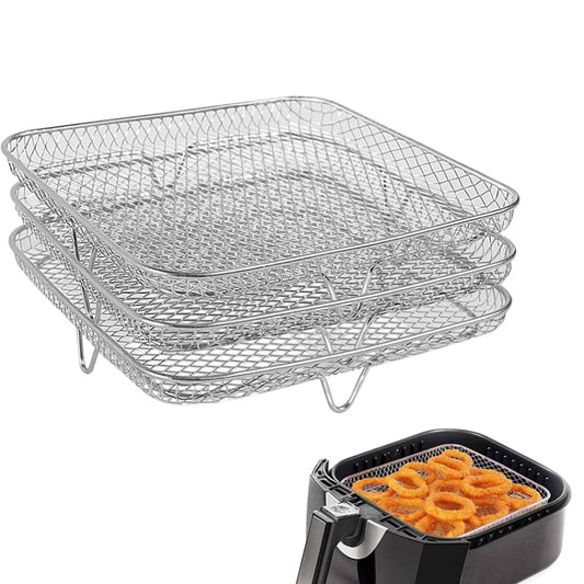 3-Layer Square Air Fryer Steam & Dehydration Rack – Stackable Stainless Steel Cooking Accessory