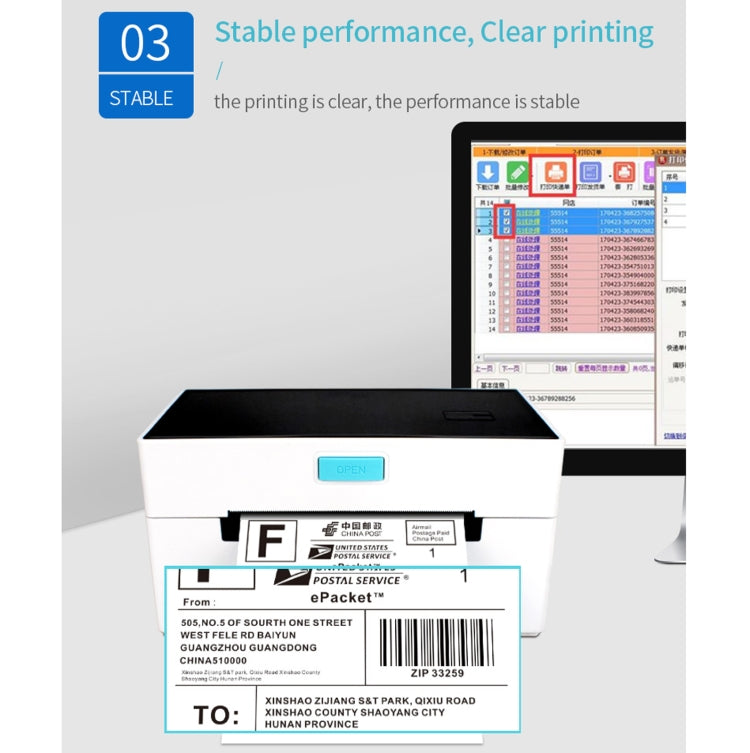 طابعة ملصقات حرارية ذاتية اللصق POS-9220 مقاس 100×150 مم، مزودة بمنفذ USB مع حامل، قابس USB، قابس الاتحاد الأوروبي، قابس الولايات المتحدة، قابس المملكة المتحدة