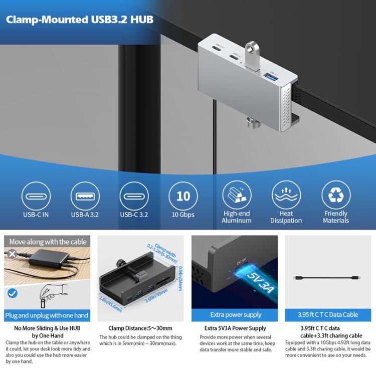 ORICO HCL-3A1C-Pro Aluminum Alloy 3xUSB and Type-C Clamp Hub, HCL-3A1C-Pro