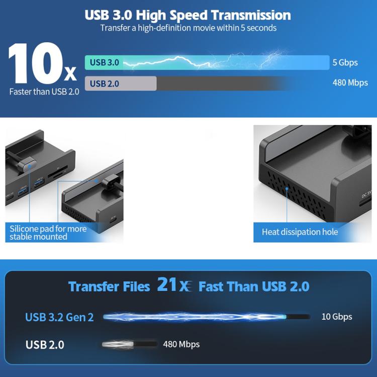 ORICO HCL-2A1CTS-Pro Aluminum Alloy 5-port USB3.0 Clamp Hub, HCL-2A1CTS-Pro