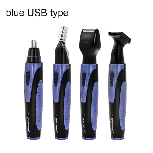 SPORTSMAN 4-in-1 USB Rechargeable Nose & Ear Hair Trimmer Electric Beard Shaver Face Eyebrow Grooming Kit for Men (Blue)