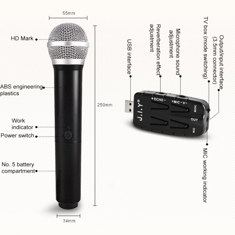 J.I.Y 2 in 1 K Song Wireless Microphones for TV PC with Audio Card USB Receiver, 2 in 1 Black