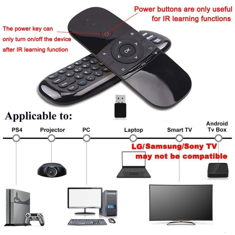 لوحة مفاتيح لاسلكية W1 QWERTY مكونة من 57 مفتاحًا وجهاز تحكم عن بعد 2.4 جيجاهرتز مع مؤشر LED لأجهزة Android TV Box والكمبيوتر الشخصي الصغير والتلفزيون الذكي وجهاز العرض وHTPC والكمبيوتر الشخصي/التلفزيون الكل في واحد W1