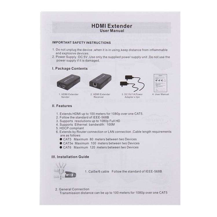 HDMI Extender over Single UTP CAT5e/6 Cable, Transmission Distance: 100m, 100m