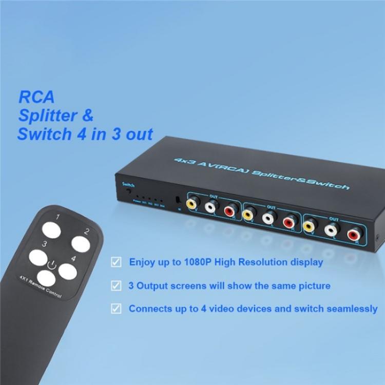 محول إشارة الصوت والفيديو المركب AV 4 في 3 مخرج RCA، صندوق موزع AV، قابس أمريكي، قابس أوروبي