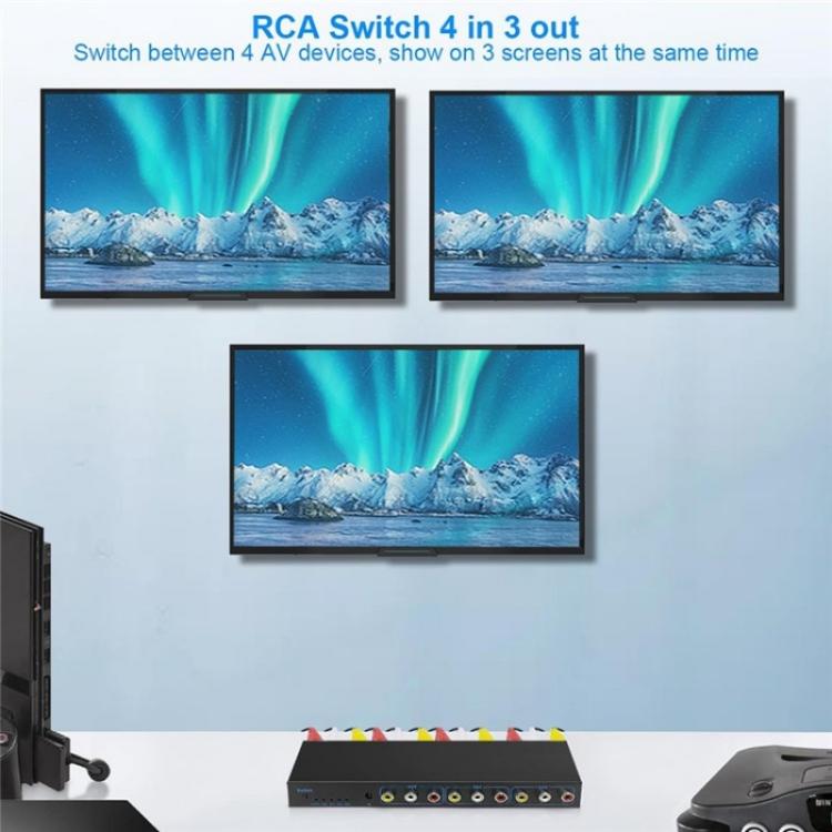محول إشارة الصوت والفيديو المركب AV 4 في 3 مخرج RCA، صندوق موزع AV، قابس أمريكي، قابس أوروبي