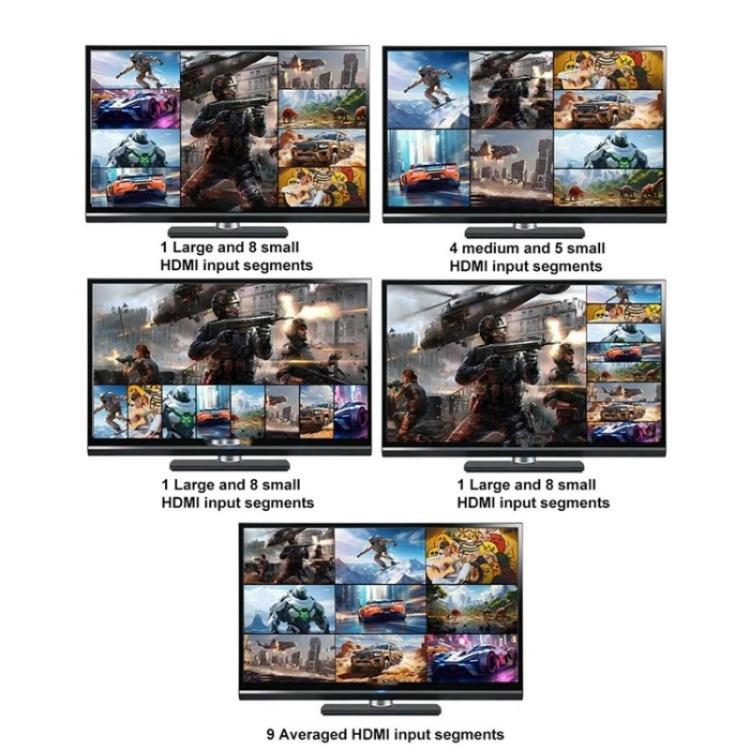 محول شاشة JQF1 9 في 1، موزع شاشة 4K HDMI متعدد المشاهد، قابس أمريكي، قابس أوروبي