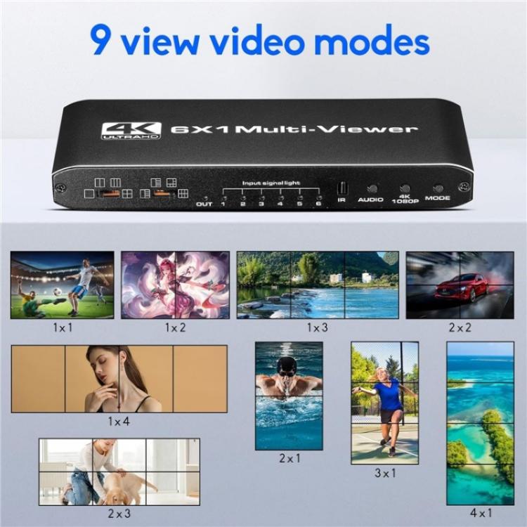 موزع شاشة JQF2 4K سلس، أوضاع عرض متعددة، 6 في 1 مخرج HDMI متعدد المشاهد، قابس أمريكي، قابس أوروبي