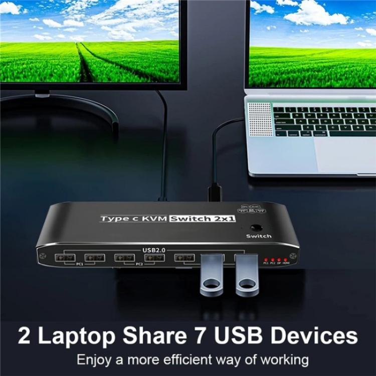 K8 With RJ45 Ethernet Port 2 In 1 Out Type C KVM Switcher 7 USB 2.0 Ports Docking Station, K8