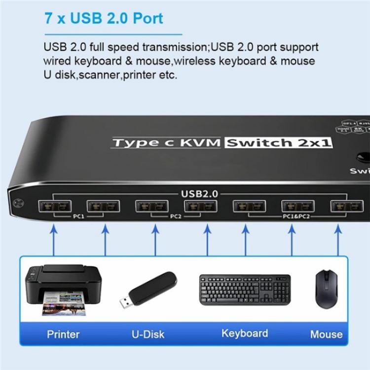 K8 With RJ45 Ethernet Port 2 In 1 Out Type C KVM Switcher 7 USB 2.0 Ports Docking Station, K8
