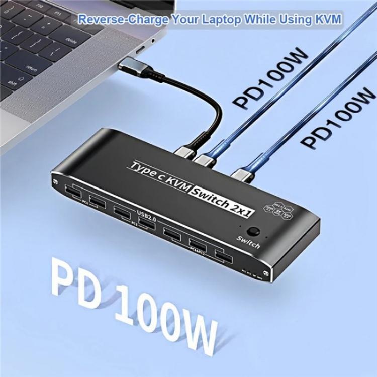 K8 With RJ45 Ethernet Port 2 In 1 Out Type C KVM Switcher 7 USB 2.0 Ports Docking Station, K8
