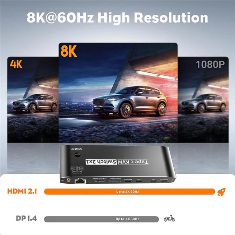 K8 With RJ45 Ethernet Port 2 In 1 Out Type C KVM Switcher 7 USB 2.0 Ports Docking Station, K8