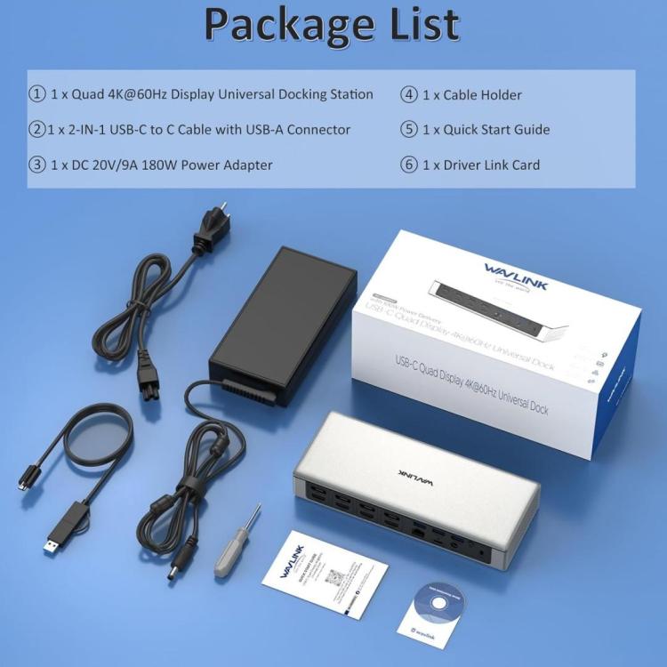 محطة إرساء WAVLINK UG69PD12 DisplayLink رباعية الشاشات لأجهزة الكمبيوتر المحمولة M1 / M2 / Mac وWindows، قابس أمريكي، قابس بريطاني، قابس أوروبي، قابس أسترالي