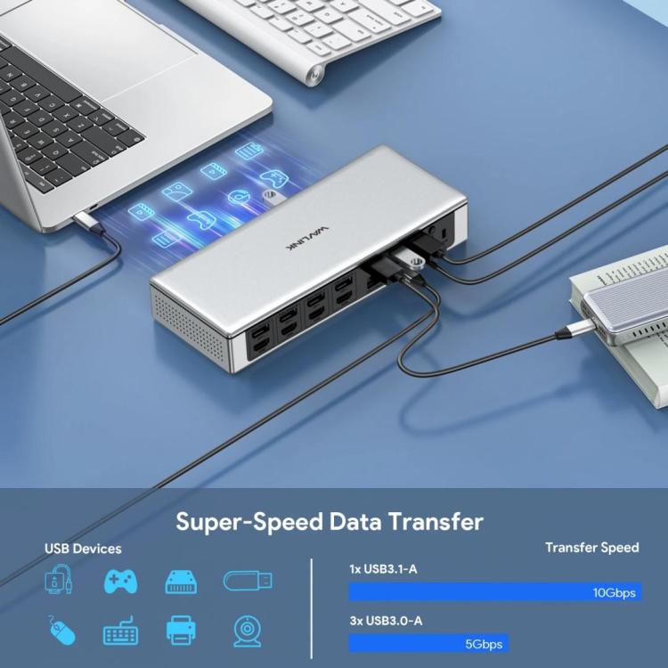 محطة إرساء WAVLINK UG69PD12 DisplayLink رباعية الشاشات لأجهزة الكمبيوتر المحمولة M1 / M2 / Mac وWindows، قابس أمريكي، قابس بريطاني، قابس أوروبي، قابس أسترالي