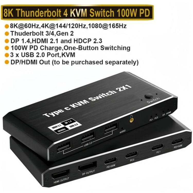 K7 مع 3 منافذ USB 2.0 8K 60Hz HD / DP 100W PD شحن نوع C KVM Switch، K7