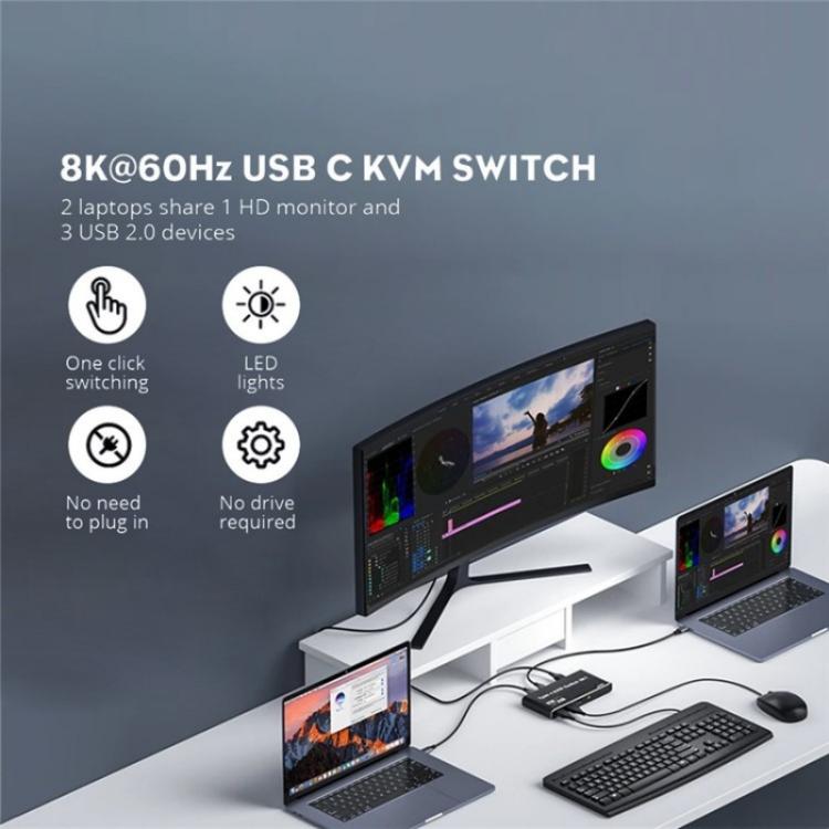 K7 مع 3 منافذ USB 2.0 8K 60Hz HD / DP 100W PD شحن نوع C KVM Switch، K7