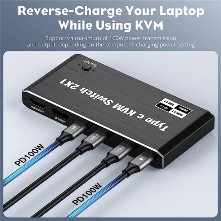 K7 مع 3 منافذ USB 2.0 8K 60Hz HD / DP 100W PD شحن نوع C KVM Switch، K7