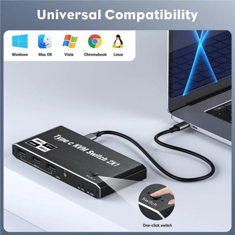 K7 مع 3 منافذ USB 2.0 8K 60Hz HD / DP 100W PD شحن نوع C KVM Switch، K7
