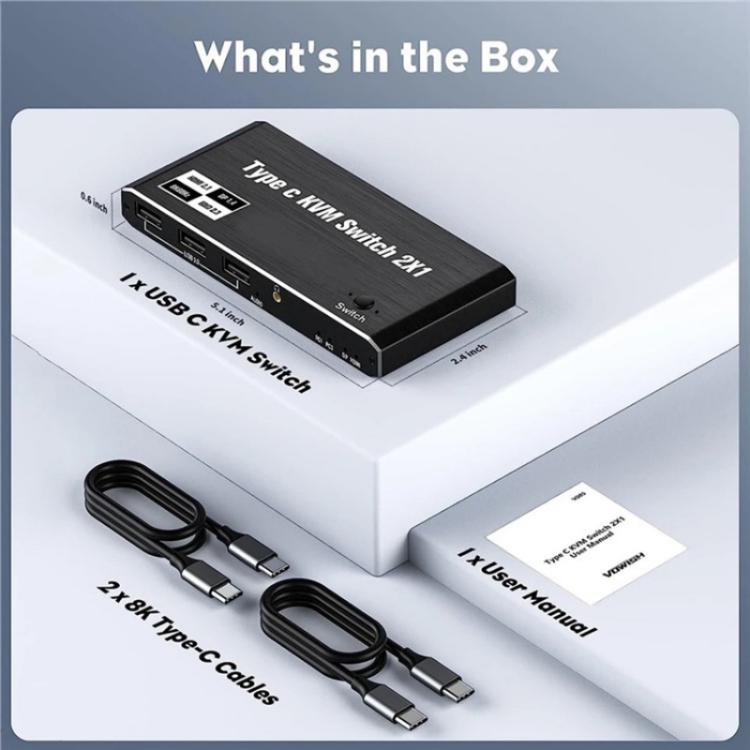 K7 مع 3 منافذ USB 2.0 8K 60Hz HD / DP 100W PD شحن نوع C KVM Switch، K7