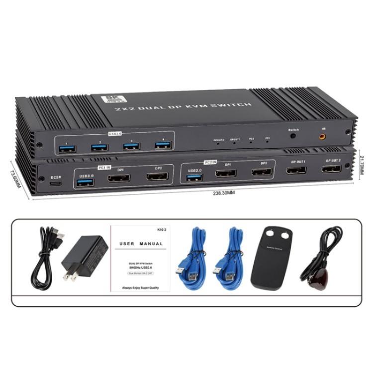K10-2 لجهازي كمبيوتر/شاشتين، مخرج USB 3.0 مزدوج DP بدقة 8K وتردد 60 هرتز، إصدار 2.1، محول KVM، قابس أمريكي، قابس أوروبي