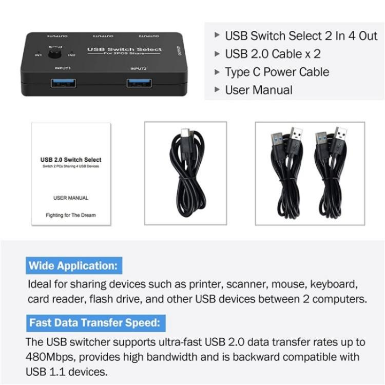وحدة تحكم ألعاب الكمبيوتر U7، موزع USB 4 في 1، مدخلان و4 مخرجات، موزع KVM، محول USB مشترك، U7