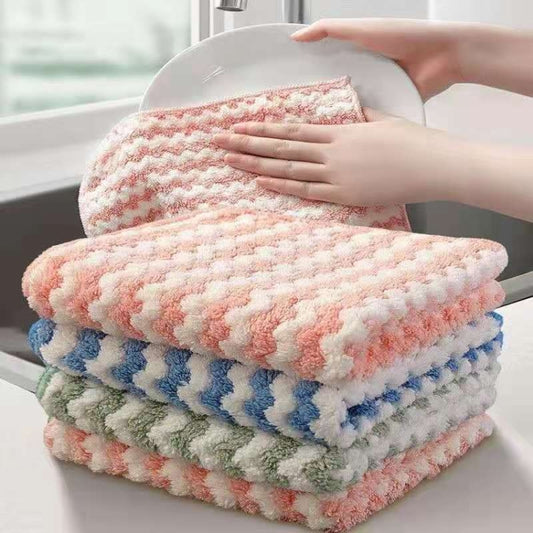 10 PCS Absorbent Wave Dish Cloth Rag Non-stick Oil Coral Velvet Dish Towel Random Color