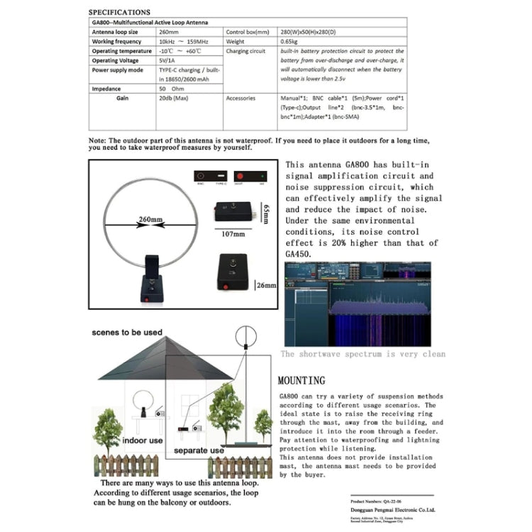 GA800 10KHz-159MHZ HF Radio Short Wave Antenna With Source Ring Shaped Antenna
