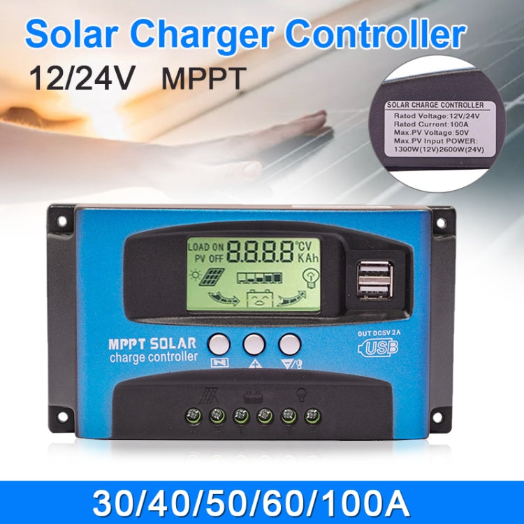 YCX-003 30-100A Solar Charging Controller with LED Screen & Dual USB Port Smart MPPT Charger, 12/24V 30A, 12/24V 40A, 12/24V 50A, 12/24V 60A, 12/24V 100A, 12/24/36/48/60V 40A, 12/24/36/48/60V 100A, 12/24/36/48/60V Wifi 100A