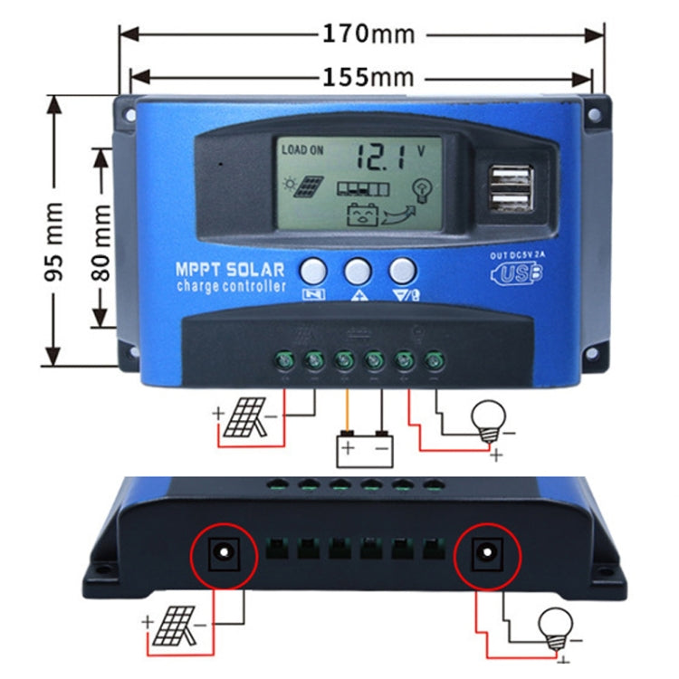 YCX-003 30-100A Solar Charging Controller with LED Screen & Dual USB Port Smart MPPT Charger, 12/24V 30A, 12/24V 40A, 12/24V 50A, 12/24V 60A, 12/24V 100A, 12/24/36/48/60V 40A, 12/24/36/48/60V 100A, 12/24/36/48/60V Wifi 100A