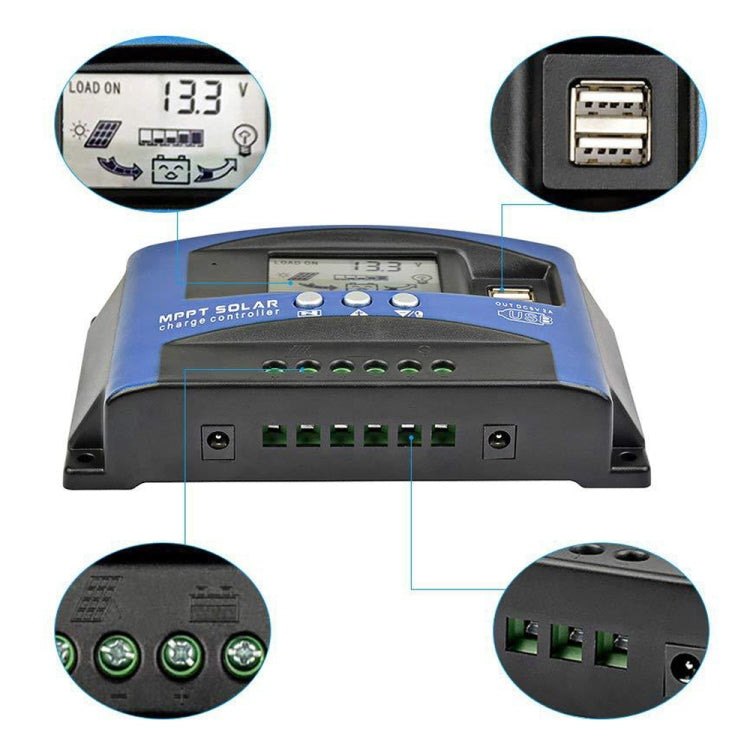 YCX-003 30-100A Solar Charging Controller with LED Screen & Dual USB Port Smart MPPT Charger, 12/24V 30A, 12/24V 40A, 12/24V 50A, 12/24V 60A, 12/24V 100A, 12/24/36/48/60V 40A, 12/24/36/48/60V 100A, 12/24/36/48/60V Wifi 100A