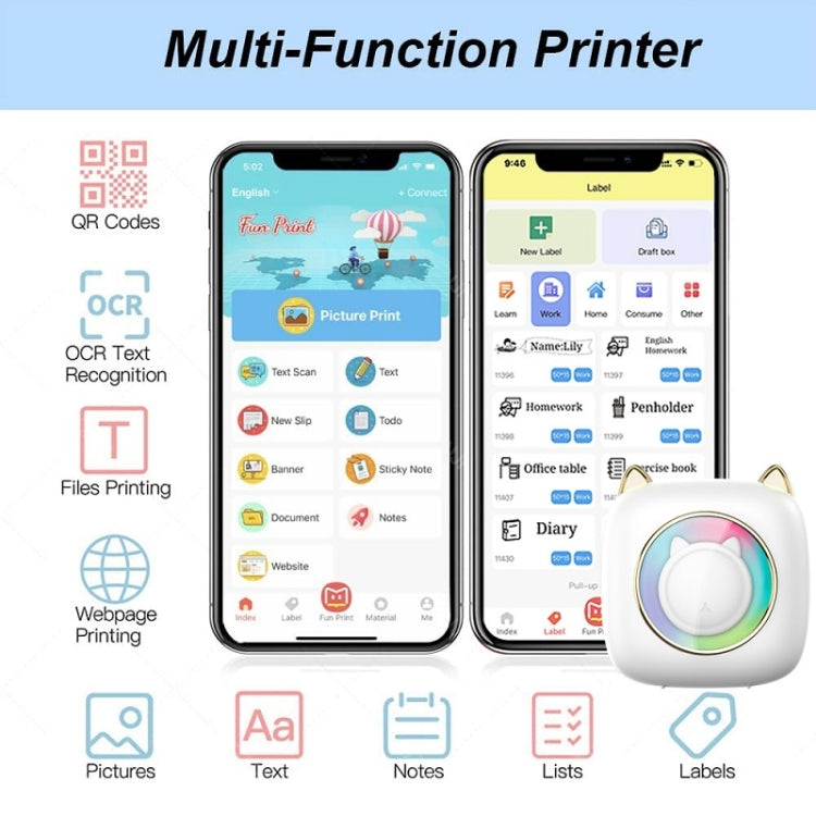 C23 Seven Colors Atmosphere Breathing Light Wireless Thermal Printer, C23 White+5 Rolls Thermal Paper, C23 White+3 Rolls Color Paper, C23 Blue Standard, C23 Blue+5 Rolls Thermal Paper, C23 Blue+3 Rolls Color Paper