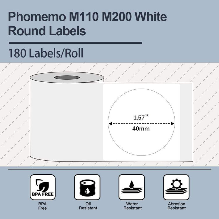 For Phomemo M110 / M200 180pcs /Roll 40x40mm Round Self-Adhesive Thermal Labels, 180pcs /Roll 40x40mm Round