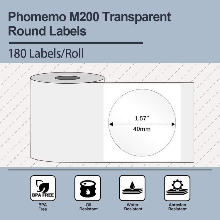 لـ Phomemo M110 / M200 180 قطعة / لفة 40 × 40 مم دائرية شفافة ذاتية اللصق، 180 قطعة / لفة 40 × 40 مم دائرية شفافة