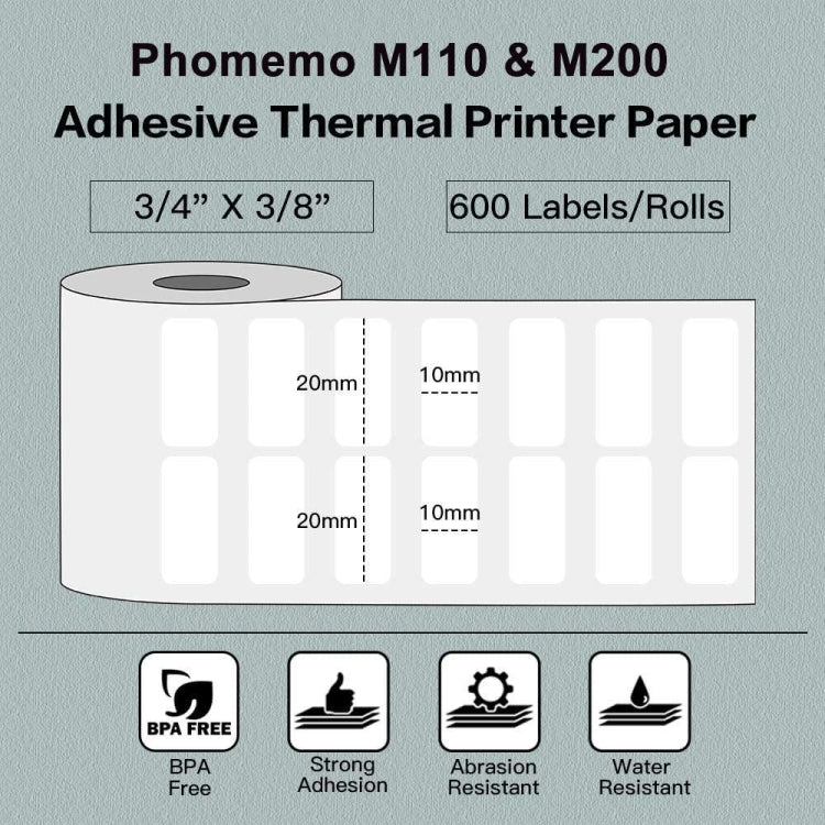 For Phomemo M110 / M200 600pcs /Roll 20x10mm Square Self-Adhesive Thermal Labels on White Background, 600pcs /Roll 20x10mm