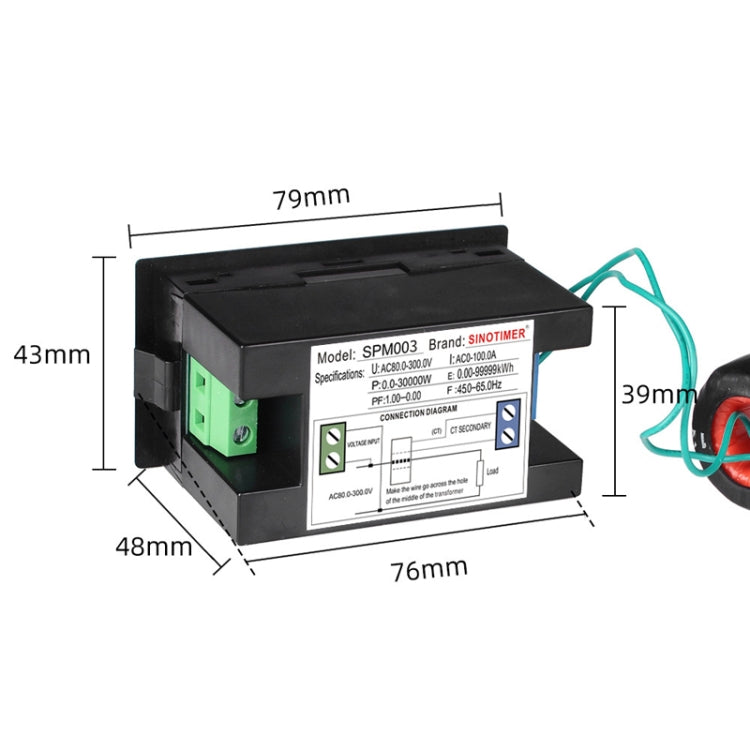 SINOTIMER SPM003 AC LED Digital Voltmeter Frequency Factors Meter Power Monitor, AC80-300V 100A, AC200-450V 100A
