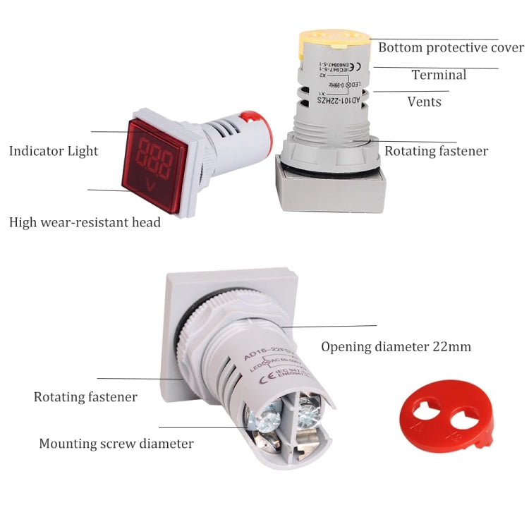 SINOTIMER ST17V AC Voltage Signal Indicator 22mm Square LED Digital Display Voltage Head AC 60-500V, ST17V