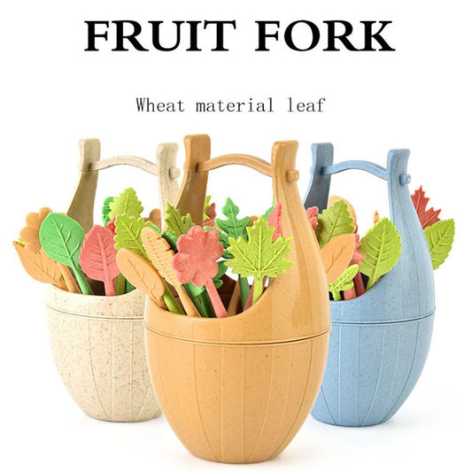 16pcs Fruit Forks + 1pc Barrel Mini Wheat Fiber Material Tableware Set Snack Dessert Forks