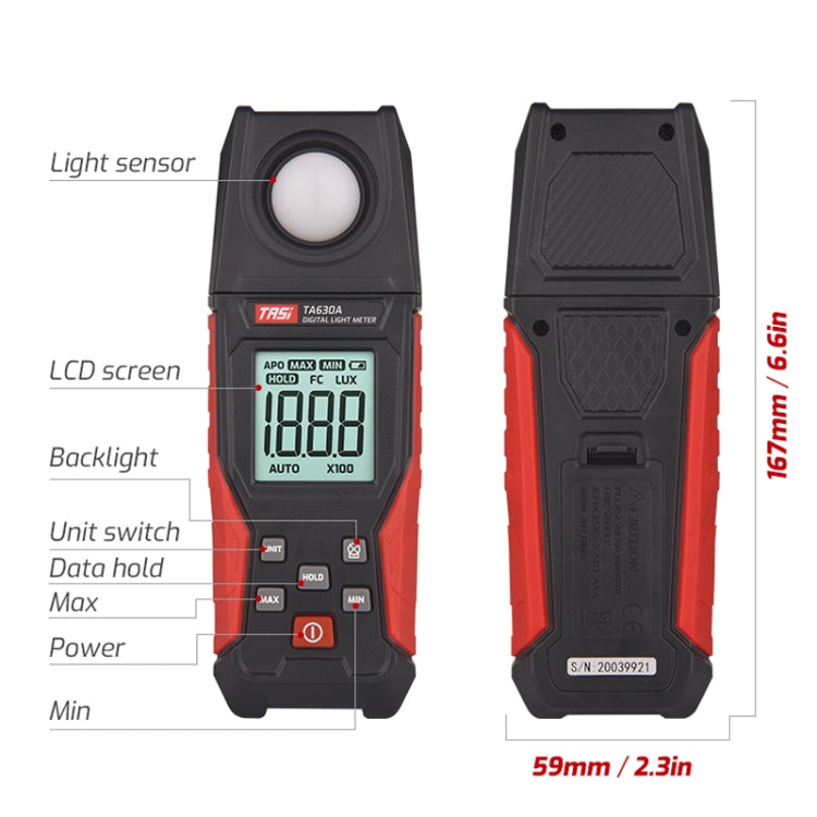 Digital Light Meter Illuminance Lux Meter Backlight LCD Display 0.1-200000LUX/0.01-20000FC Light Sensor Tester, TA630A