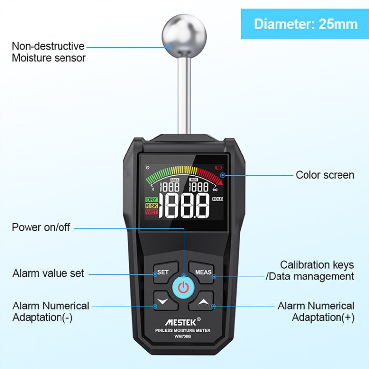 MESTEK WM700B Non -Contact Wood Moisture Detector With LCD Screen Alarm Function