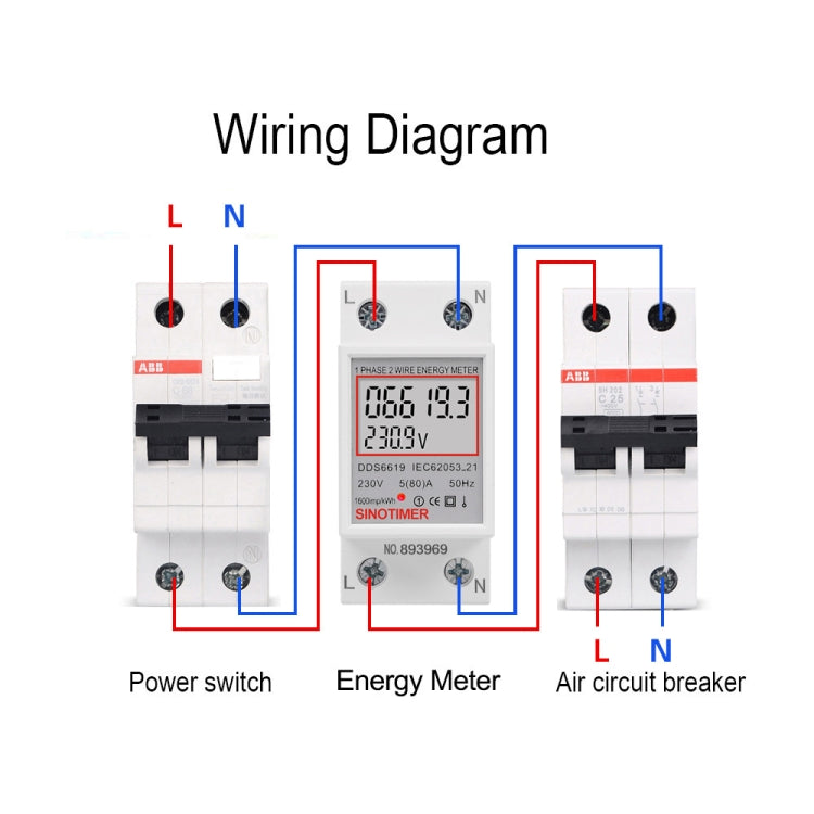 عداد طاقة أحادي الطور DDS6619 80A 230V Din Rail عداد جهد تيار عداد طاقة، بدون إضاءة خلفية، مع إضاءة خلفية
