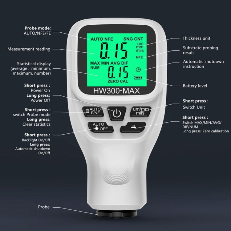 جهاز اختبار سمك الطلاء HW300-MAX المضاد للانزلاق، أبيض، أسود