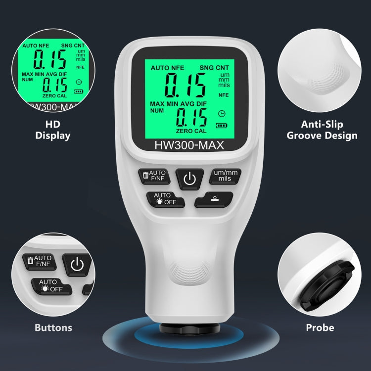 جهاز اختبار سمك الطلاء HW300-MAX المضاد للانزلاق، أبيض، أسود