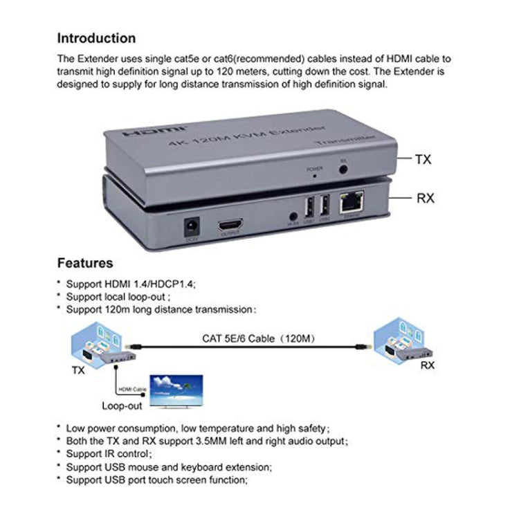 KVM 120m 4K HD Extender Computer Mouse Keyboard HDMI Single Ethernet Cable Transmitter + Receiver, US Plug, UK Plug, EU Plug