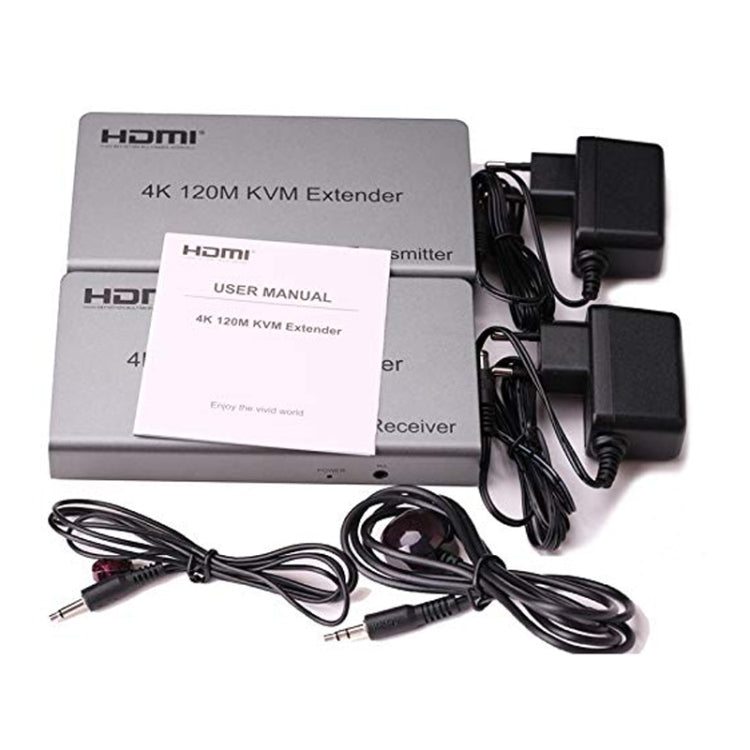 KVM 120m 4K HD Extender Computer Mouse Keyboard HDMI Single Ethernet Cable Transmitter + Receiver, US Plug, UK Plug, EU Plug