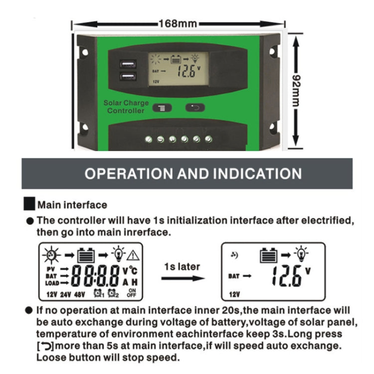 12V/24V Solar Charge And Discharge Controller Dual USB Port LCD Solar Cells Panel Charge Regulator, 10A, 20A, 30A