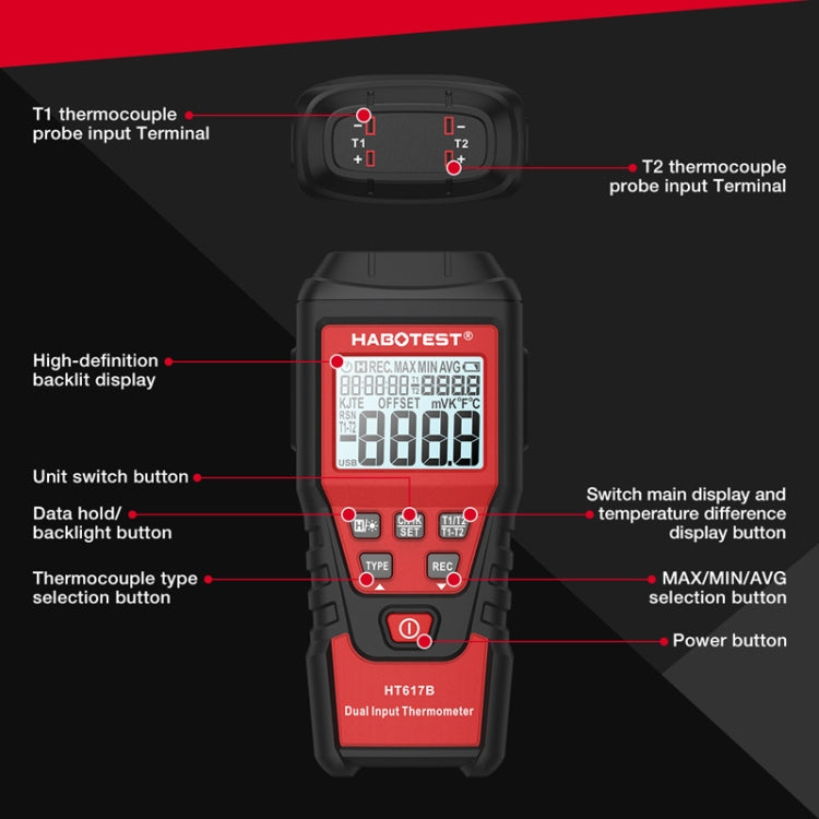 HABOTEST HT617B Digital Dual Channel Thermocouple Thermometer