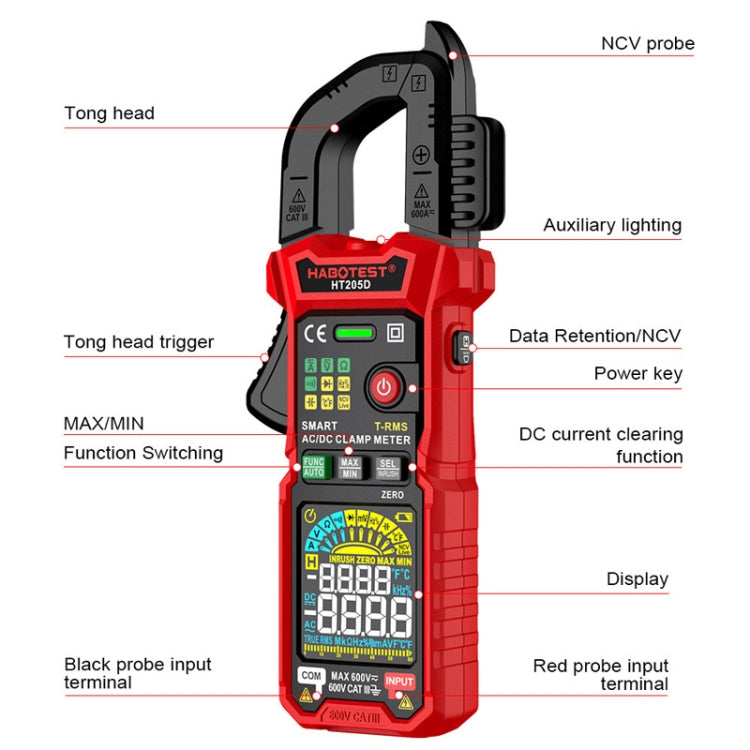 مشبك HABOTEST HT205D، مقياس متعدد رقمي ذكي عالي الدقة، مضاد للاحتراق، متعدد الوظائف، HT205D
