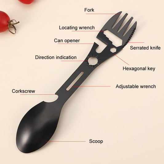 2pcs 10 In 1 Outdoor Camping Picnic Multifunctional Portable Fork and Spoon Tool(Black)