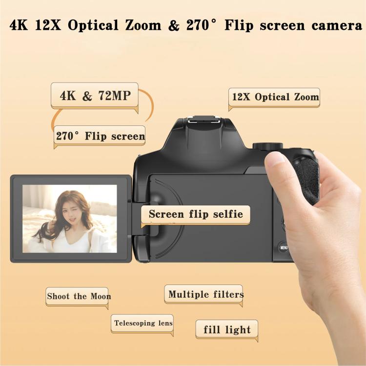 4K 72MP 12X Optical Zoom Student Digital Camera WiFi HD Video Camera With 3 Inch Flip Screen, W3