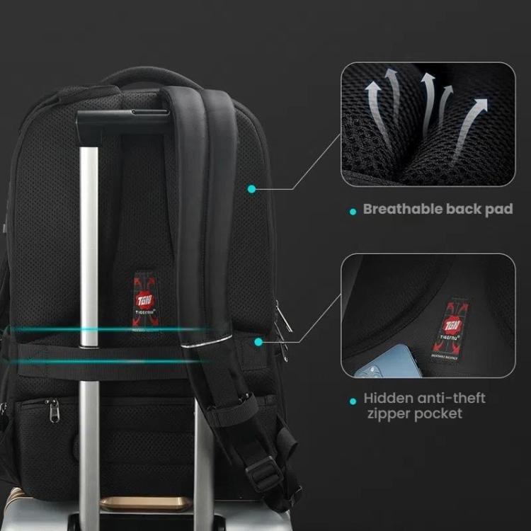 حقيبة ظهر رجالية مضادة للسرقة لأجهزة الكمبيوتر المحمولة مع منفذ شحن USB وشرائط عاكسة وقفل TSA، Tigernu قياسي، Tigernu قابل للتوسيع